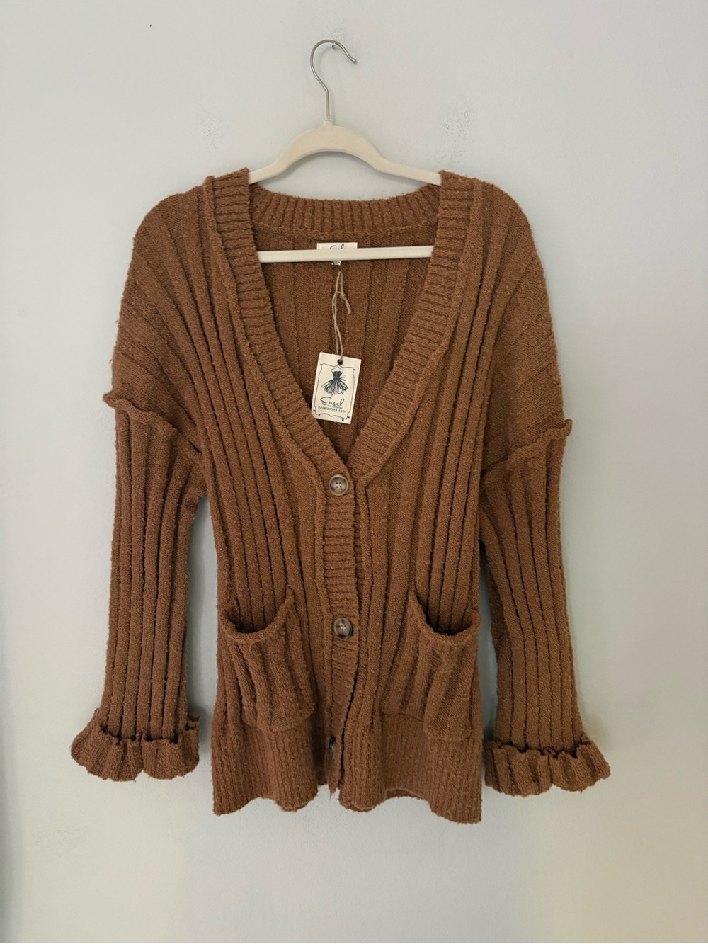 NWT Easel Mocha Brown Chunky Ribbed Knit Cardigan Sweater L Oversized Cozy